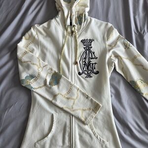 Christian Audigier White Hooded Zip Jacket with Gold & Blue Accents